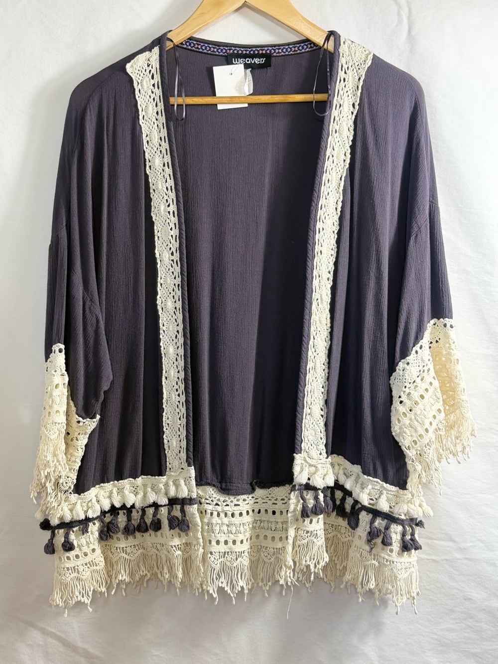 Weavers Purple Open-Front Cardigan with Cream Crochet Trim